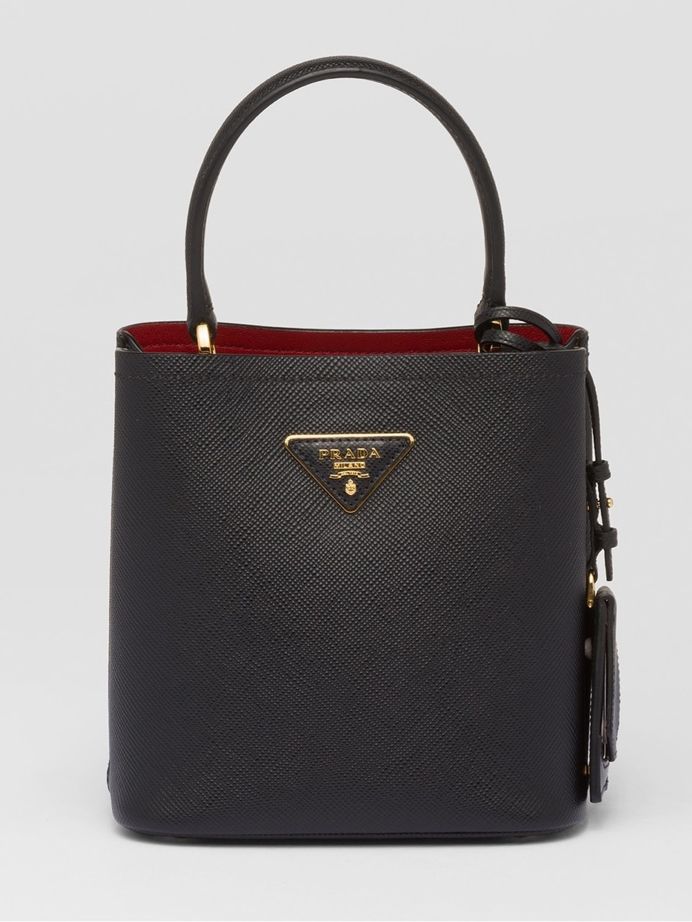 Prada Panier small Black Saffiano Leather Bucket Bag with Red Interior